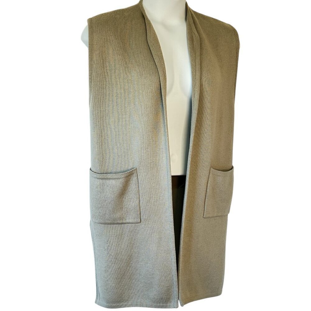 J. Tiktiner Wool Open Knee Length Sweater Vest  Italy Pockets Neutral Green 8-10
